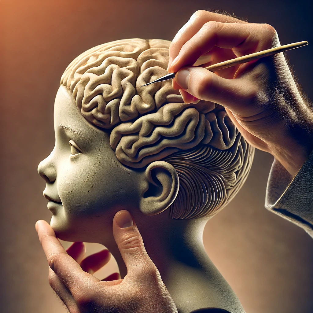 dall·e 2024 10 29 11.16.42 a highly realistic, photo style image of a young child's profile with the brain area visualized as a detailed sculpture in progress. adult hands caref
